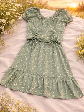 Girls' Sage Green Floral Two-Piece Dress Set
